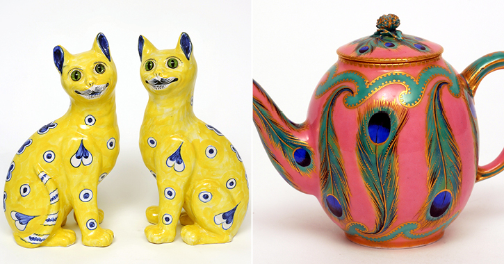 Ceramic yellow cats and a pink teapot with peacock feather decoration